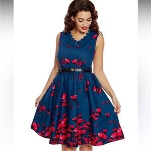 Lindy Bop Daria Vintage Style Midnight Poppy Fit and Flare Dress